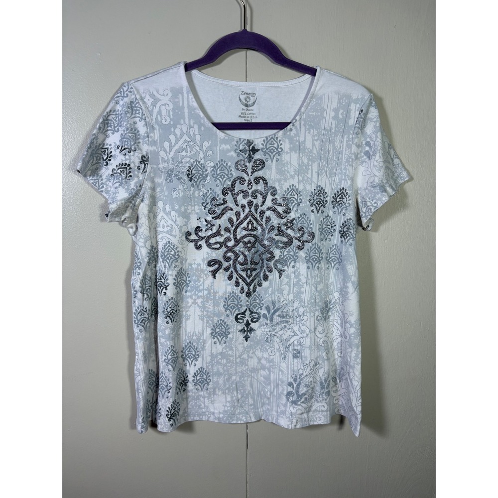 Chicos Zenergy Size 2 White Gray Damask Rhinestone T-Shirt Y2K Bling Casual Glam